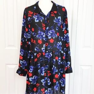 Woman Within Sheer Black Multi Floral Babydoll Tie Back Tunic 22/24